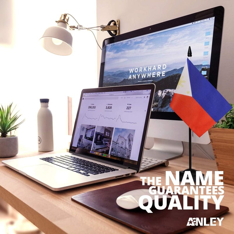 Anley Philippines Deluxe Desk Flag Set - 6 x 4 Inch Miniature Philippine Desktop Flag with 12" Solid Pole - Vivid Color and Fade Resistant - Black Base and Spear Top - Image 2